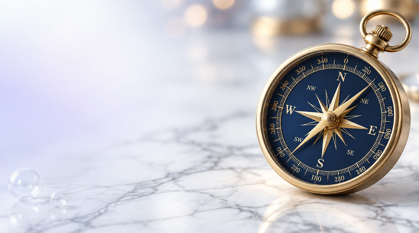 Brass compass surrounded by floating bubbles, a paper airplane and soft light